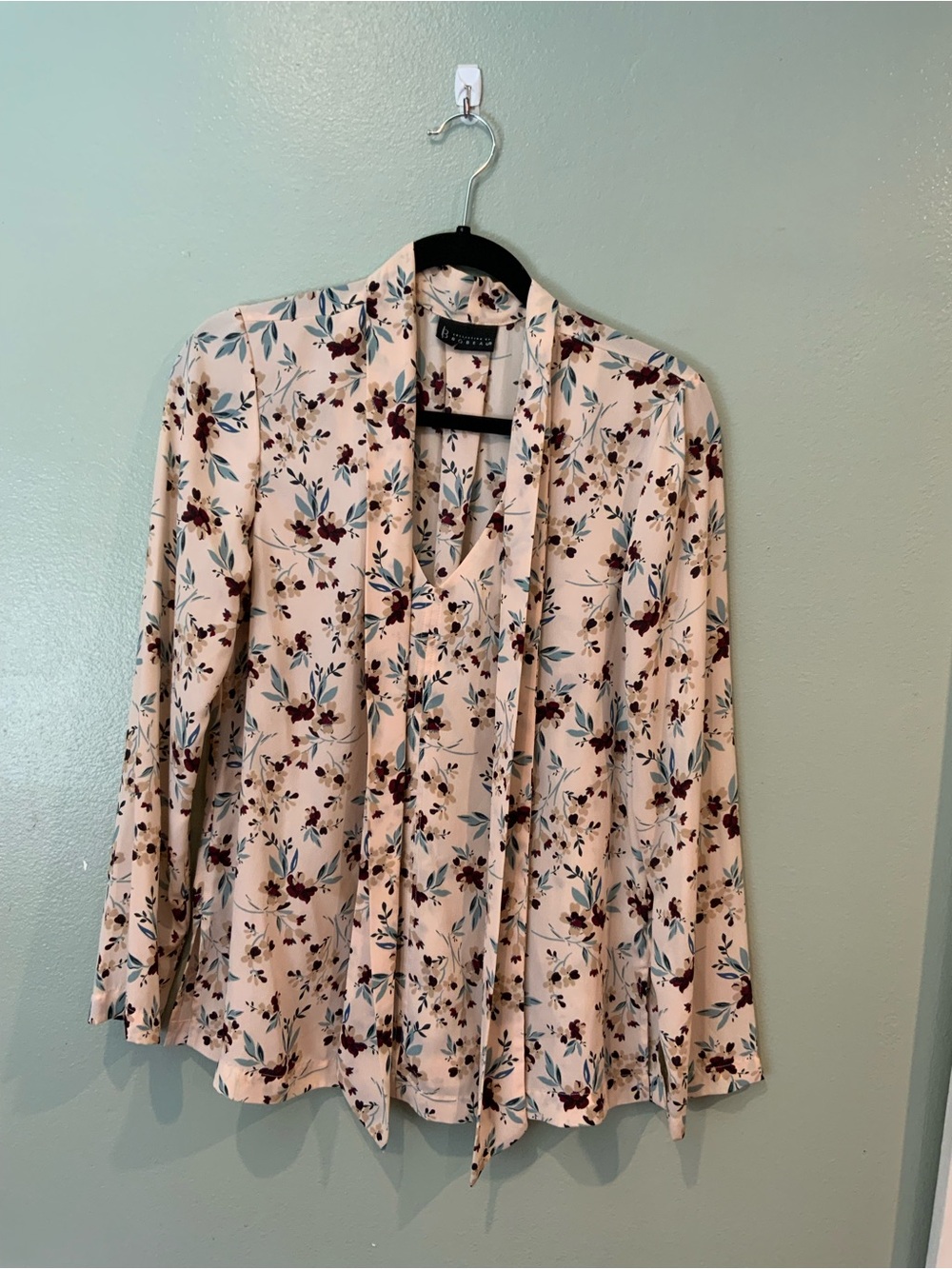 bobeau Cream Floral Tie-Neck Blouse with Blue and Burgundy Accents